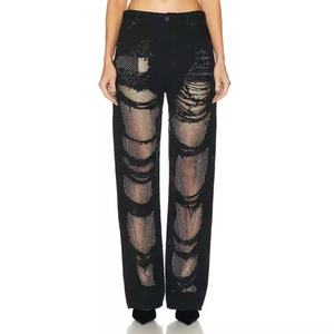 กางเกงยีนส์ขายส่งคุณภาพสูงเอวต่ำทรงหลวมขาตรงขากว้างแต่งผ้าลูกไม้และผ้าออร์แกนซ่าสำหรับผู้หญิง - Product Image 1