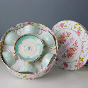 陶瓷茶杯和茶碟套装6个花卉贴花设计，带金色边缘，花朵金属支架陶瓷茶具礼品