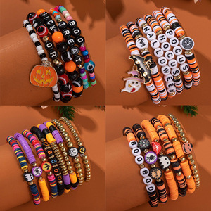 Halloween <b>Beaded</b> <b>Bracelet</b> Set Ceramic Pumpkin Skull Charm Unisex Jewelry Yiwu Origin - Product Image 1