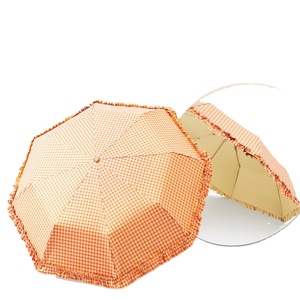 Parapluie manuel professionnel pour femme, pliable en trois sections, double usage soleil/pluie, anti-UV, motif écossais et dentelle, poignée en bois massif, coloré, OEM - Product Image 1