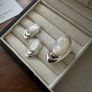 Multi-layer High Quality White Shell Inlay Chunky Finger Rings Earrings 925 Sterling Silver Women Birthday Gifts Jewelry