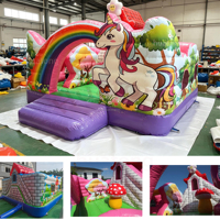 Château gonflable commercial arc-en-ciel avec toboggan pour enfants, idéal pour la location