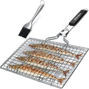 Stainless Steel Folding <b>Grill</b> <b>Basket</b> for Fish Vegetables Shrimp-Portable Removable Handle Basting Brush Storage Bag - Product Image 5