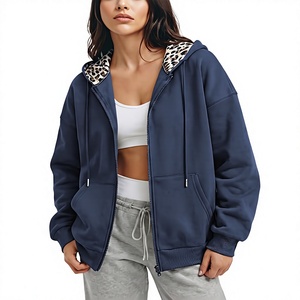 <b>Women's</b> <b>Navy</b> Blue Winter Oversized Long Knitted Hooded Sweatshirt with Front Logo Lined <b>Fleece</b> Pullover Casual Wear and Pockets - Product Image 1