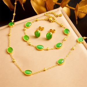 Emerald Jewelry <b>Set</b> Oval Geometric Bezel Setting Stainless Steel Necklace Earrings <b>Bracelet</b> Women's Everyday Wear - Product Image 1