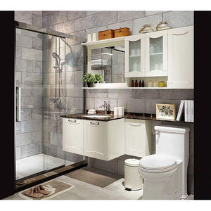 <span class=keywords><strong>Meuble</strong></span> de salle de bain moderne beige laqué, <span class=keywords><strong>meuble</strong></span>-lavabo mural avec étagères et tiroirs - Product Image 1