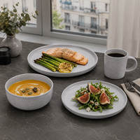Service de table moderne en grès céramique gris, résistant aux rayures et compatible lave-vaisselle, avec assiettes, bols et tasses