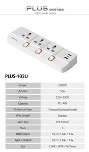 10A 2500W Universal Power Strip 3 Outlets 3 <b>USB</b> Charger Ports ABS <b>Extension</b> <b>Socket</b> <b>with</b> Overload Switch - Product Image 6