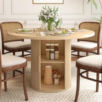 Table de cuisine moderne de 47 pouces avec étagère de rangement à 2 niveaux, table à manger ronde en bois avec porte coulissante pour 4 personnes