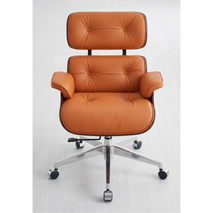 Chaise de bureau de direction en cuir de style moderne <span class=keywords><strong>du</strong></span> milieu <span class=keywords><strong>du</strong></span> siècle, chaise de bureau pivotante inclinable avec coque en bois courbé, coussins épais et roulettes - Product Image 1