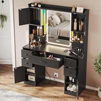 Coiffeuse moderne en bois avec miroir éclairé, hauteur réglable, 5 tiroirs et multiprise – Grande taille pour chambre de femme