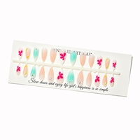 Faux ongles français à presser Amande, 24 pièces, motif floral 3D, rose nude, vert ombré, strass, couvrance totale, réutilisables, avec colle pour doigts