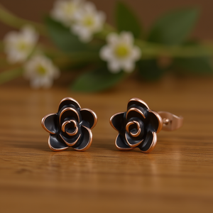 Orecchini a lobo con fiore nero placcati in oro rosa per donna, gioielli romantici alla moda, orecchini in lega di zinco - Product Image 2