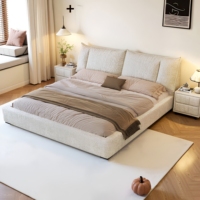 Lit double haut en chêne, moderne et minimaliste, en chenille crémeuse, réglable, durable, écologique, multifonctionnel, pour chambre parentale