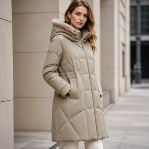 Cappotto in <span class=keywords><strong>Pelle</strong></span> con Cappuccio e Imbottitura in Piuma per Donna, Giacca Lunga con Cintura in Vita e Bordo in Pelliccia di Visone - Product Image 1
