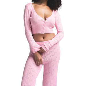 Wholesale Custom <strong>Summer</strong> Cute <strong>Ladies</strong> Light Lace-Up Cropped Hollow Out Pointelle Cashmere Cotton Knit <strong>Cardigan</strong> Women's Sweater - Product Image 3