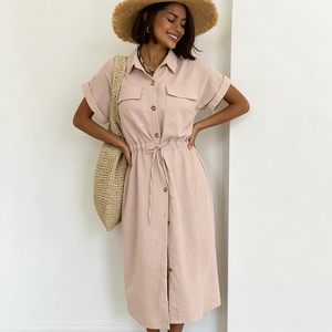 Vestido Camisero Color Caqui Enyami para Mujer, <span class=keywords><strong>Verano</strong></span>, Casual, con Botones, Midi, Bolsillos, Cintura con Cordón, Manga Corta, para Oficina o Trabajo - Product Image 5
