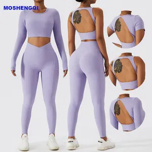 Özel Logo aktif giyim seti uzun kollu kırpma üstleri şort gömlek spor sutyen V bel tayt cepler nervürlü kadın egzersiz setleri