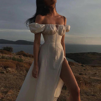 Robe de Soirée Élégante et Tendance pour Femme, Coupe Slim, Manches Bouffantes, Fente Latérale, Dentelle, Vente en Gros, Personnalisable, ODM OEM