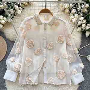 Autumn Loose Wide Sleeve Others Collar Casual Mesh Blouses Women Floral <b>Beading</b> Eco-Friendly Front Elegant <b>Tops</b> Clothes - Product Image 3