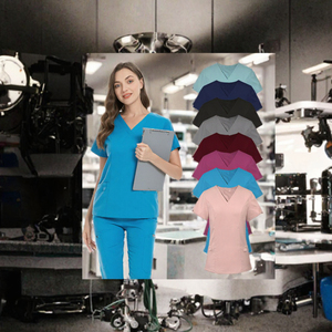 Women V Neck <b>Scrub</b> <b>Tops</b> Short Sleeve Medical Uniforms Cotton Polyester Woven Fabric Hospital Workwear Multiple Colors Available - Product Image 3