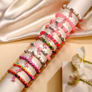 Nueva llegada joyería de concientización sobre el cáncer de <span class=keywords><strong>mama</strong></span> blanco rosa ópalo pulsera con cuentas cáncer de <span class=keywords><strong>mama</strong></span> Rosa cinta encanto mujeres pulseras - Product Image 1
