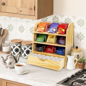 Support de rangement pour sachets de thé en bois à plusieurs niveaux avec tiroir, organisateur de bureau pour usage domestique - Product Image 2