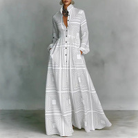 Robe longue décontractée pour femme, personnalisable OEM/ODM, marque privée, multicolore, col montant, boutonnée, ourlet plissé, manches longues, imprimée, pour le quotidien