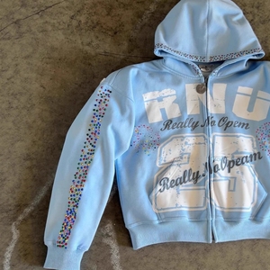 OEM 3XL <strong>Zip</strong> <strong>up</strong> Custom Rhinestone Glitter 400GSM Big Hood Heavyweight 100% Cotton Blue Fleece Cut Sew <strong>Men</strong> High Quality - Product Image 4
