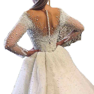 Vestido de Novia con Perlas de Alta Costura, Cola de Pez Desmontable, Conjunto de Dos Piezas, Escote en V, Manga Larga, Vestido Elegante - Product Image 3