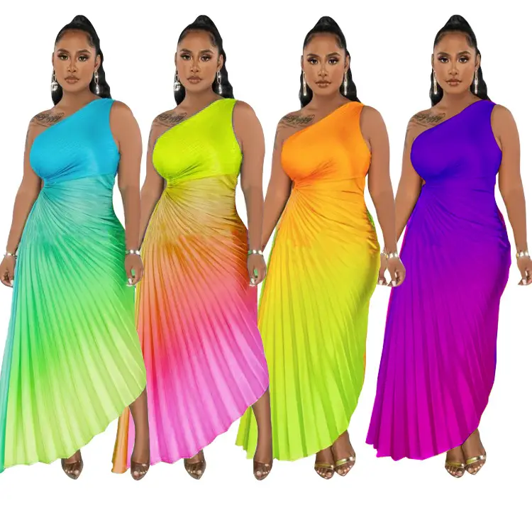 Best Selling Summer Long Dresses Women One Shoulder Gradient Print Pleated Dress Party Dresses for women