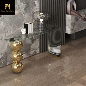 Tavolo Consolle di Lusso Leggero Contemporaneo per <span class=keywords><strong>Ingresso</strong></span> con Piano in Vetro Trasparente e Base di Design in Acciaio Inox a Sfera - Product Image 3