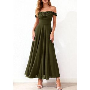 FOXA Robe longue en mousseline de soie pour femme, épaules dénudées, ligne A, élégante, pour cocktail, mariage, invitées - Product Image 2
