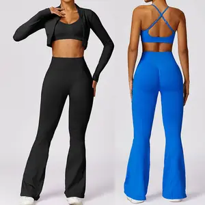 Ensemble de fitness pour femmes Crop Top Sportswear 2 Piece Set Women Long-Sleeve Yoga Suit Quick Dry Tight-Fitting Sports Yoga Clothes