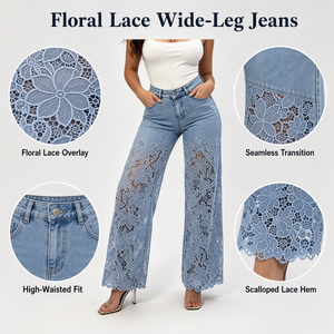 Livraison Rapide Jean <span class=keywords><strong>Femme</strong></span> Taille Haute Ample à Jambes Larges avec Patchwork de Dentelle, Pantalon en Denim Décontracté d'Été, Style Streetwear - Product Image 2