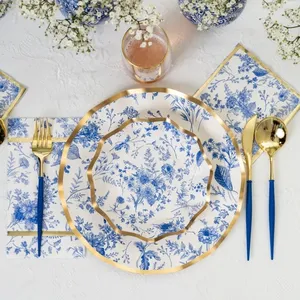 Damai màu xanh hoa chủ đề bên Bộ đồ ăn đặt trà bên dùng một lần tấm giấy Tấm đặt khăn ăn cốc giấy tấm bộ đồ ăn