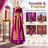 Costume de scène ethnique traditionnel haut de gamme pour femmes, tenue de danse folklorique, robe en velours marron avec broderie dorée et chapeau