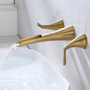 Inodoro incrustado de oro de seda de alta calidad moderno, grifo de lavabo oculto de hotel frío Nnd caliente de tres agujeros de cobre completo