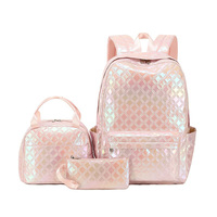 Ensemble de sacs d'école 3-en-1 pour filles : sac à dos, sac à déjeuner et trousse à crayons, en PVC imperméable, grande capacité, motif géométrique, style tendance