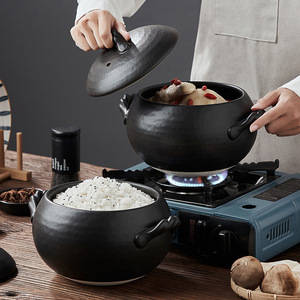 <strong>Japanese</strong> Chestnut Black <strong>Pot</strong> Ceramic Rice <strong>Pot</strong> with <strong>Pot</strong> Cover High Temperature Resistant Double Handles Gas Stove Casserole - Product Image 2