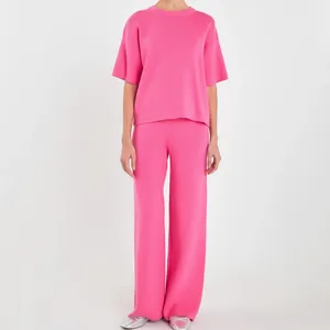 All'ingrosso della fabbrica Boxy Fit a maniche corte in maglia Top a gamba dritta pantaloni rosa caldo donna donna donna set due pezzi