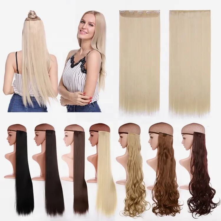 24" Straight 18" Wavy pure colors black blonde red One Piece set with 5 clips in synthetic hair clip on extensions