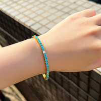 Nouveau Bracelet Chaîne Tennis Classique Plaqué Or Africain avec Pierres Turquoises Bleues Rondes de 3mm pour Femme et Fille, Bijoux Plaqué Or