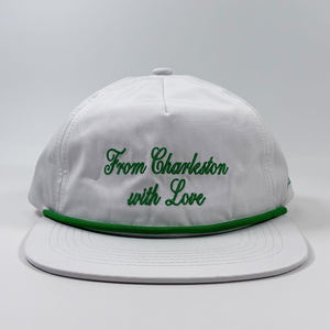 Cappello in corda verde di moda per gli ospiti personalizzato ricamato da Charleston con amore non strutturato 5 pannello bianco Snapback - Product Image 3