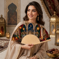 Éventail pliant en bois islamique avec motif mosquée, cadeau de l'Aïd, souvenir de festival