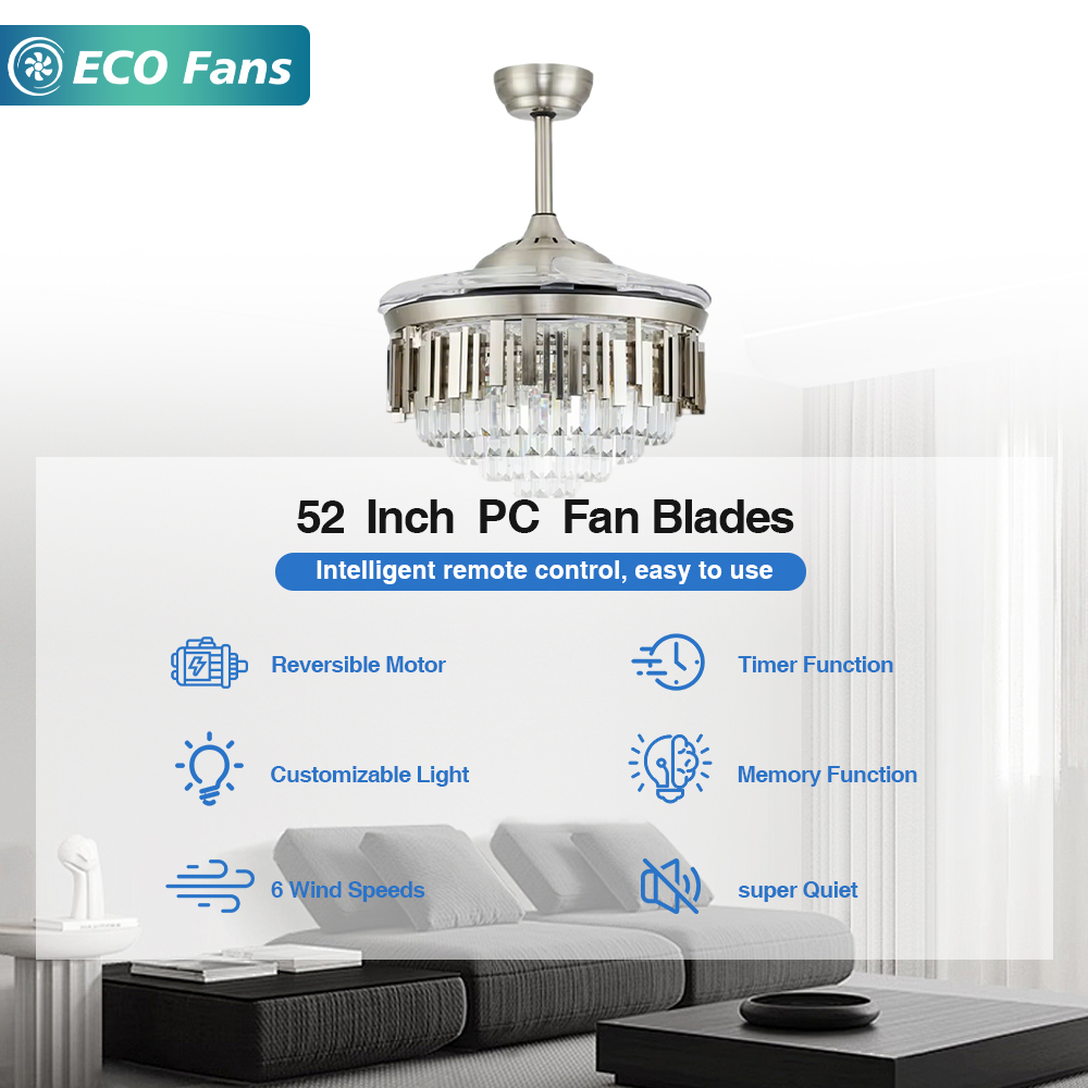 52 Inch Residential Ceiling Fan with Invisible ABS Blades, Iron-Crystal Lamp Body and Smart Remote for Modern Home Decor