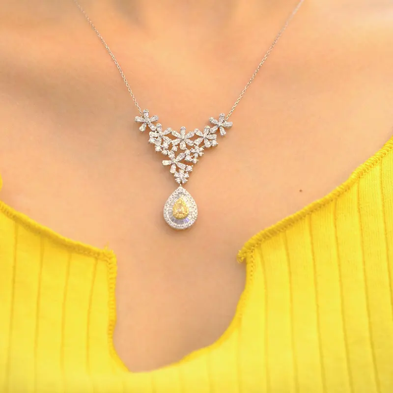Snowflake And Yellow Water Drop Pendant Natural Diamond Necklace 18k White Gold Natural Diamond Jewelry