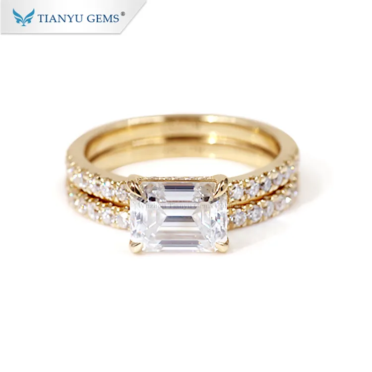 Tianyu jóias com pedras preciosas 8x6mm, conjunto de anel de noivado com esmeralda e corte de moissanite, diamante 14k