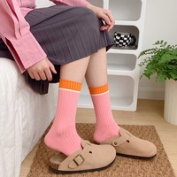 Chaussettes mi-mollet décontractées rayées contrastées pour femme, en coton côtelé, empilables, à blocs de couleur