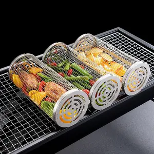 New Rolling Grilling BBQ Basket Stainless Steel Leakproof Mesh Barbecue Rack Outdoor Picnic Camping Simple Cylindrical BBQ Grill